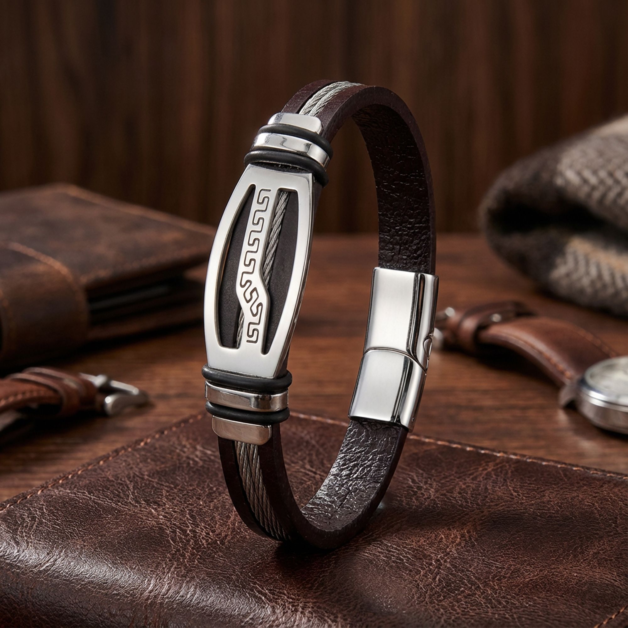 
             Ranel Takı Deri Kordonlu Çelik Halat Erkek Bileklik 38104B17D6 
        