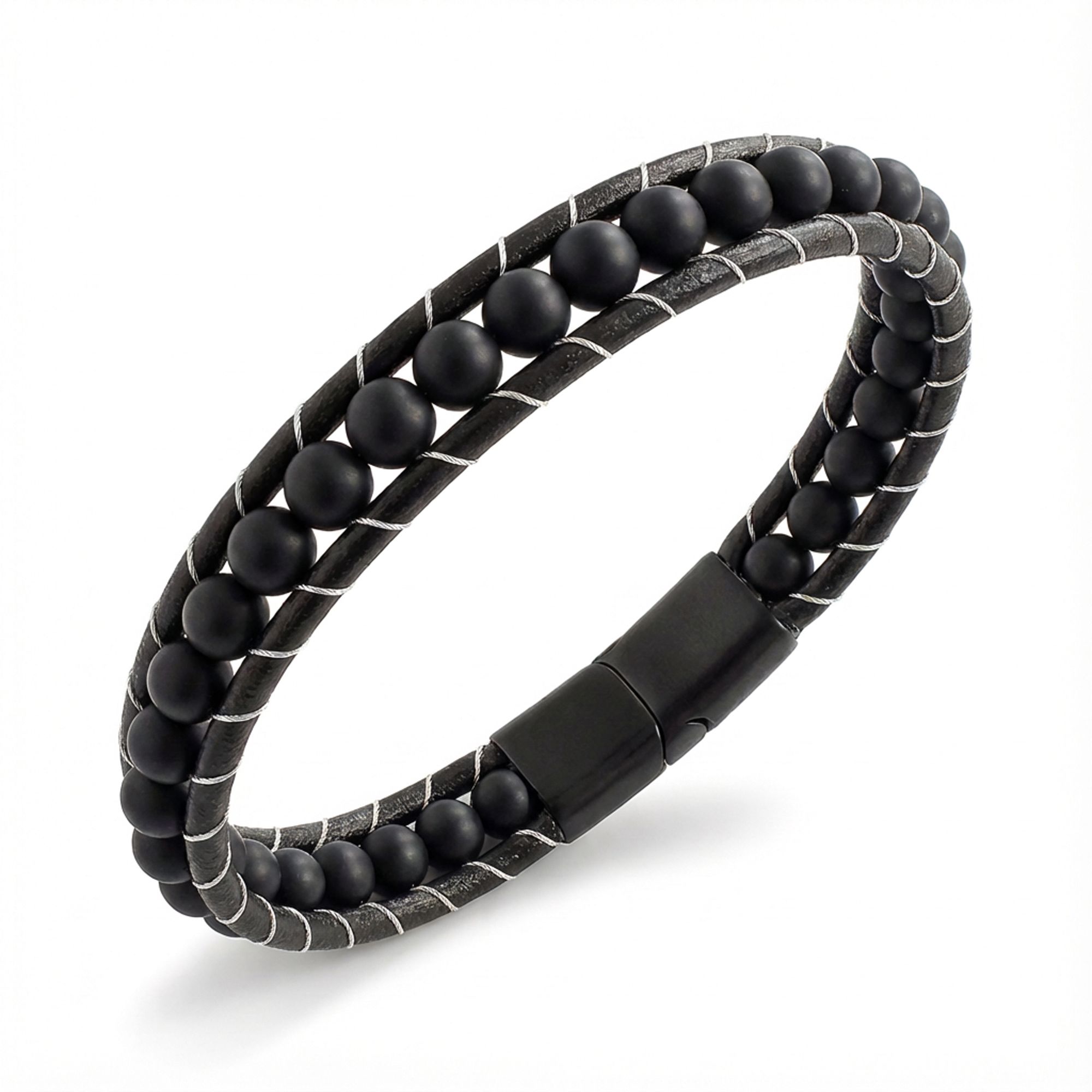 
             Ranel Takı 6Mm Mat Oniks Taşlı Deri Kordon Ve Çelik Bileklik 38102B2D6M1 
        