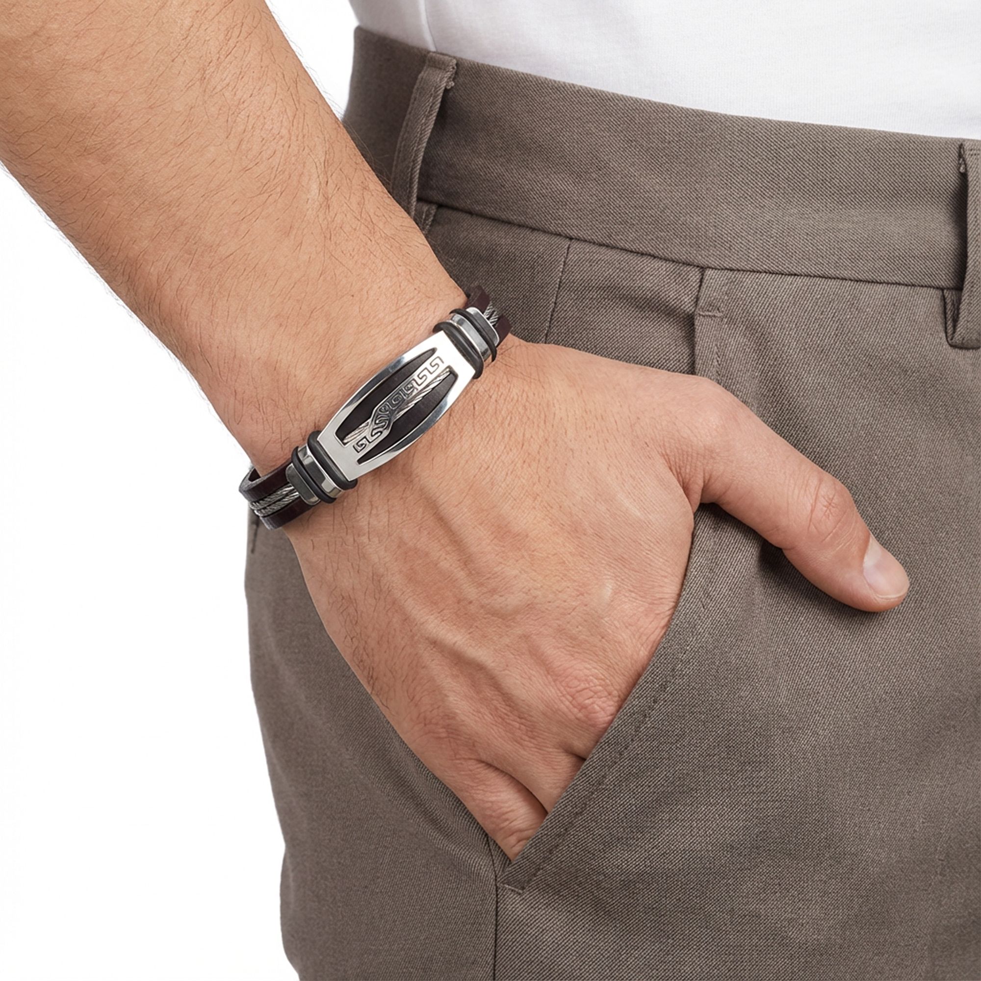 
             Ranel Takı Deri Kordonlu Çelik Halat Erkek Bileklik 38104B17D6 
        