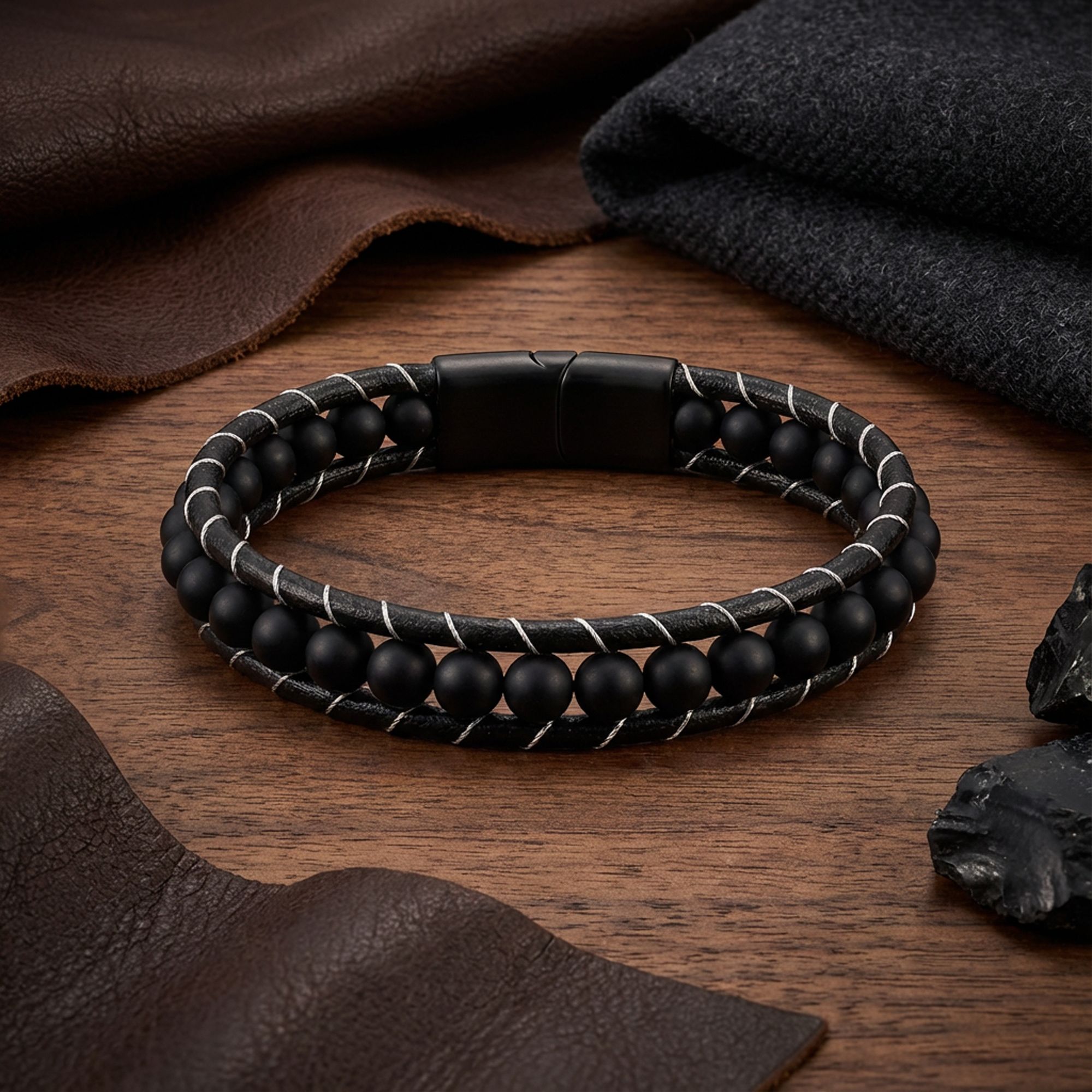 
             Ranel Takı 6Mm Mat Oniks Taşlı Deri Kordon Ve Çelik Bileklik 38102B2D6M1 
        