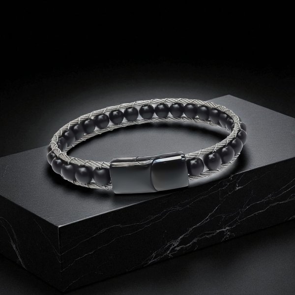 
             Ranel Takı Oniks Doğaltaş Ve Çelik Halat Örme Bileklik 38102B2DH1 
        