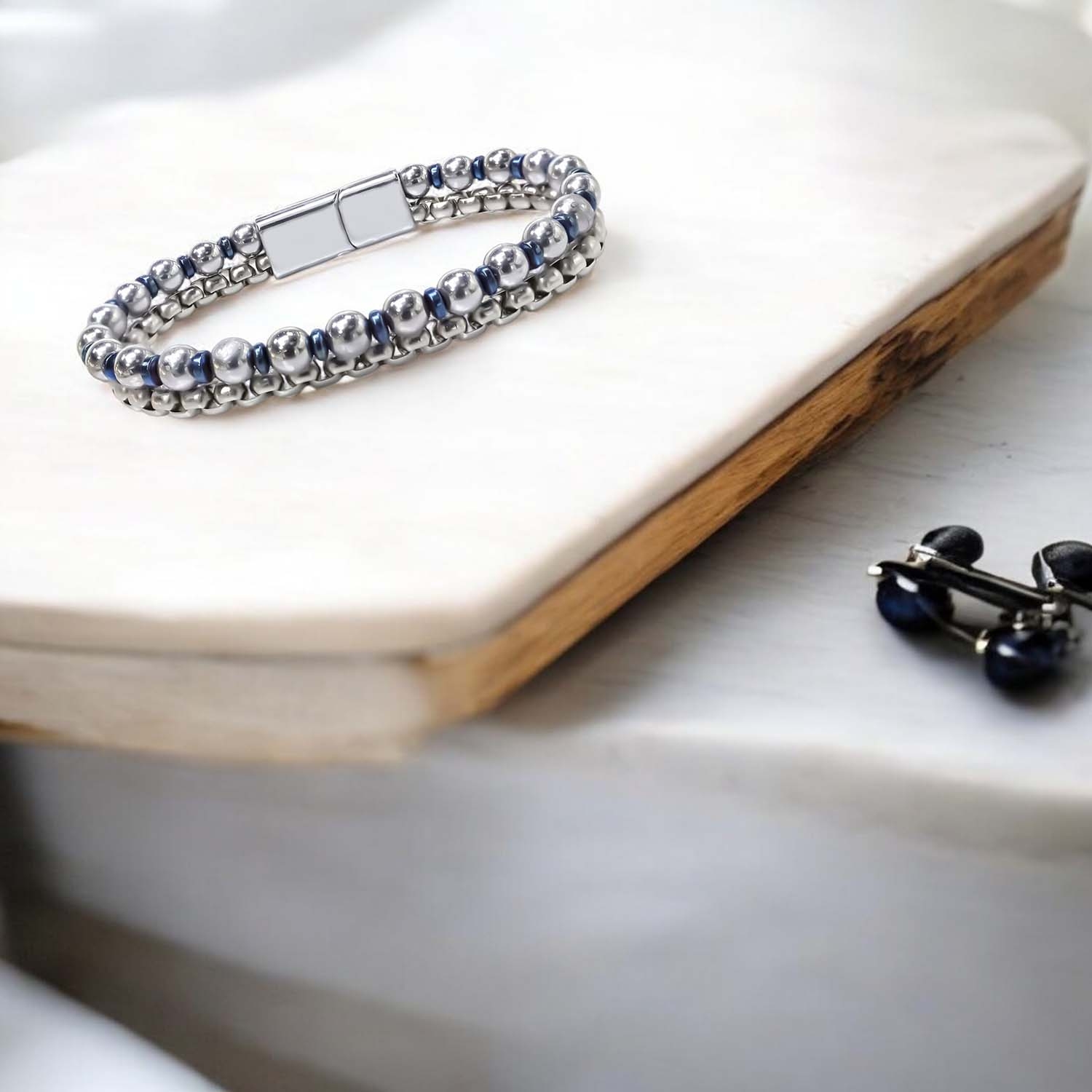 
             Ranel Takı Çelik Zincirli Gümüş Ve Mavi Hematit Bileklik 38102B21D3 
        