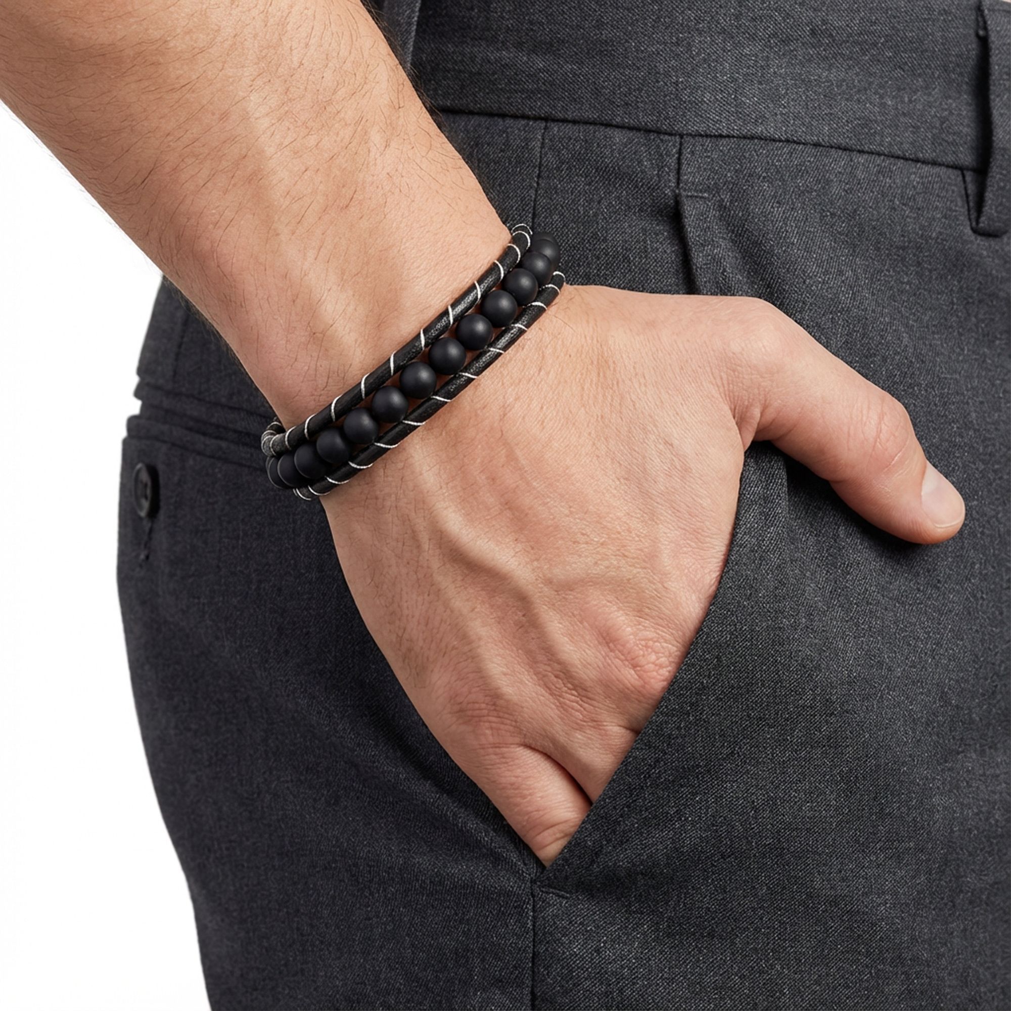 
             Ranel Takı 6Mm Mat Oniks Taşlı Deri Kordon Ve Çelik Bileklik 38102B2D6M1 
        