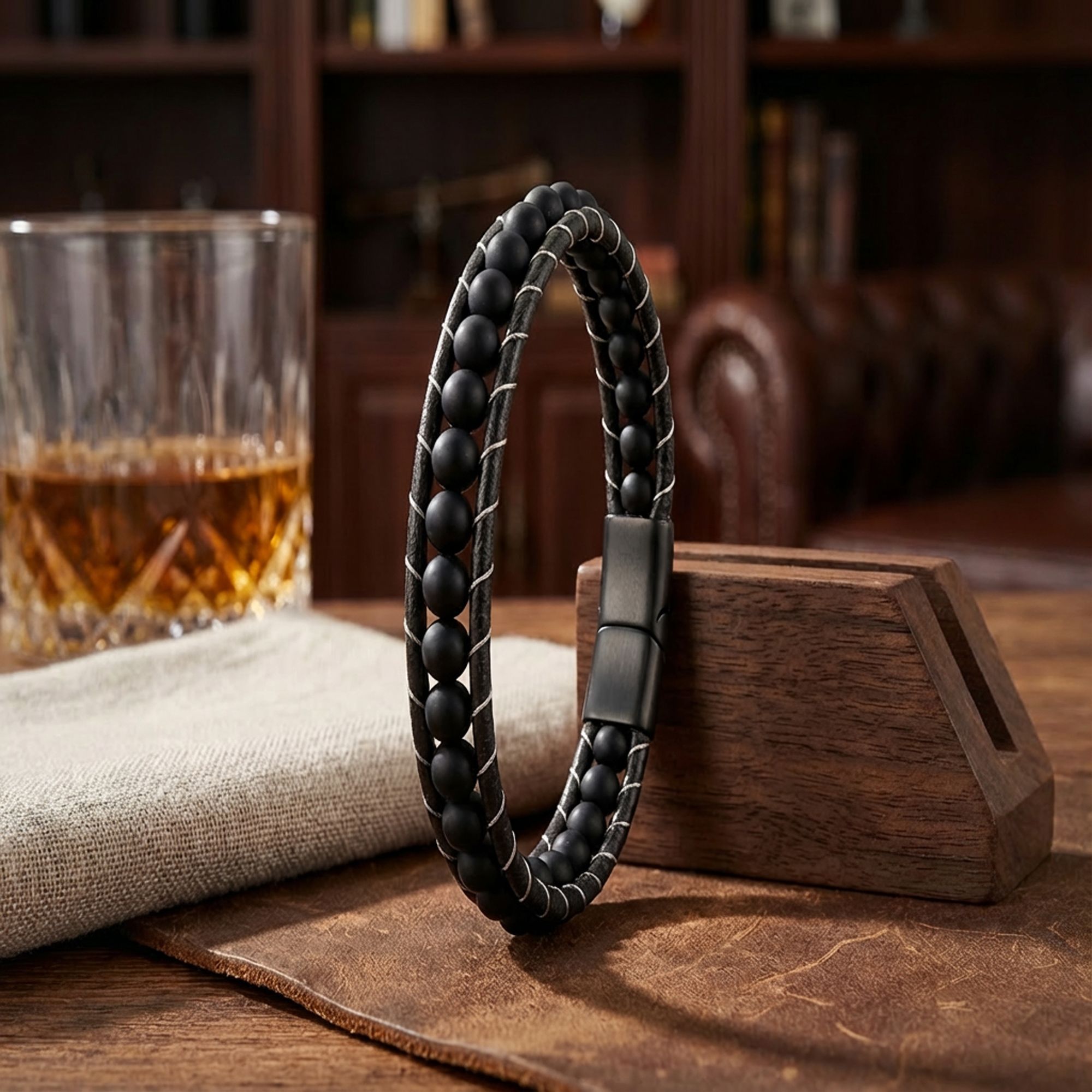 
             Ranel Takı 6Mm Mat Oniks Taşlı Deri Kordon Ve Çelik Bileklik 38102B2D6M1 
        