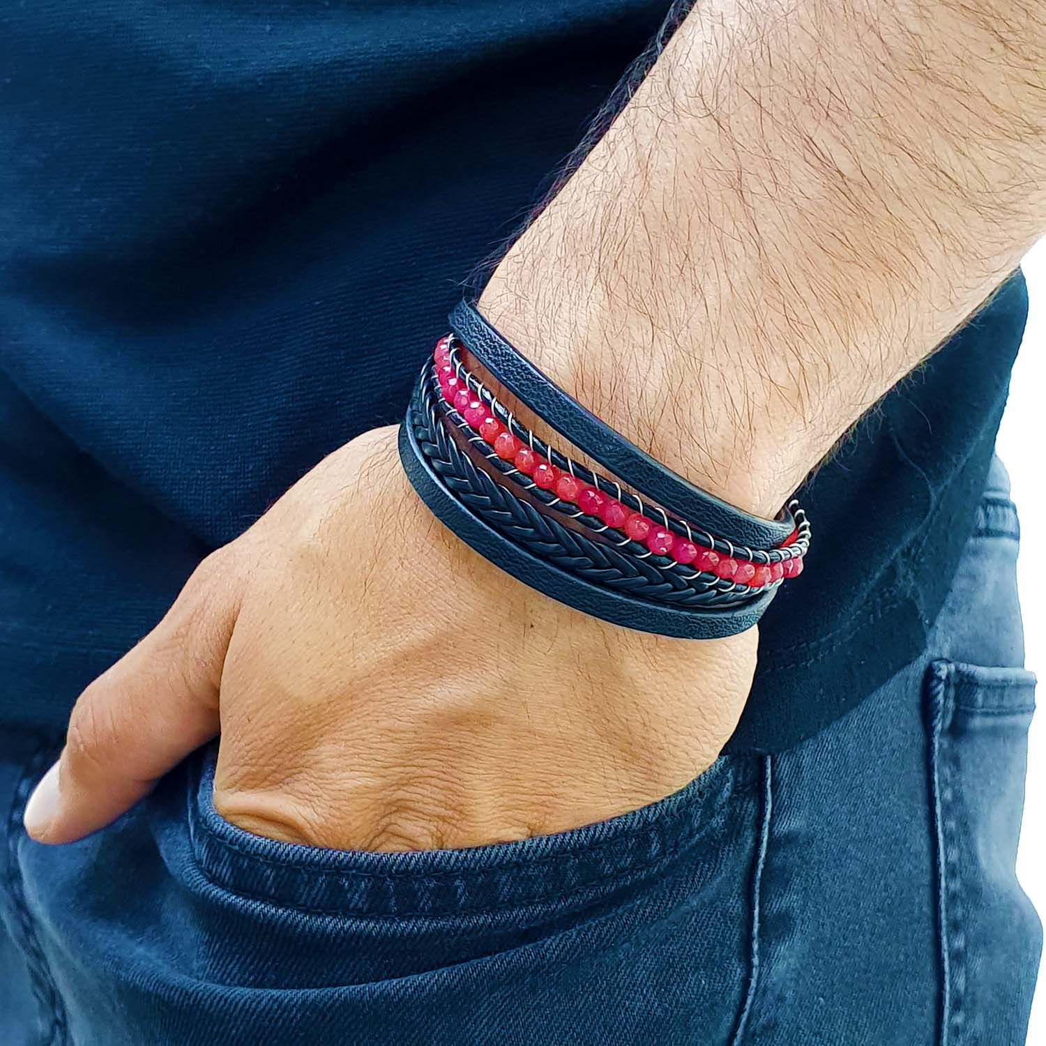 
             Ranel Takı Faset Kırmızı Akik Doğaltaş Ve Deri Bileklik 38102B9D15 
        