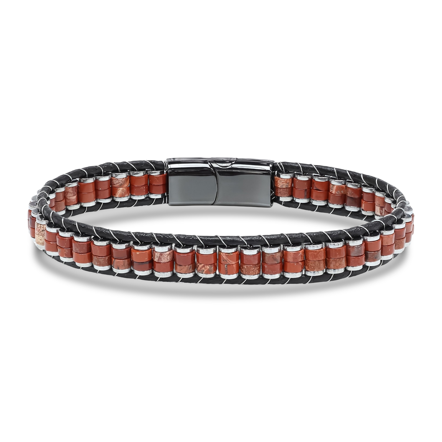 
             Ranel Takı Kırmızı Jasper & Hematit Çelik Örgülü Deri Bileklik 38102B22D6 
        